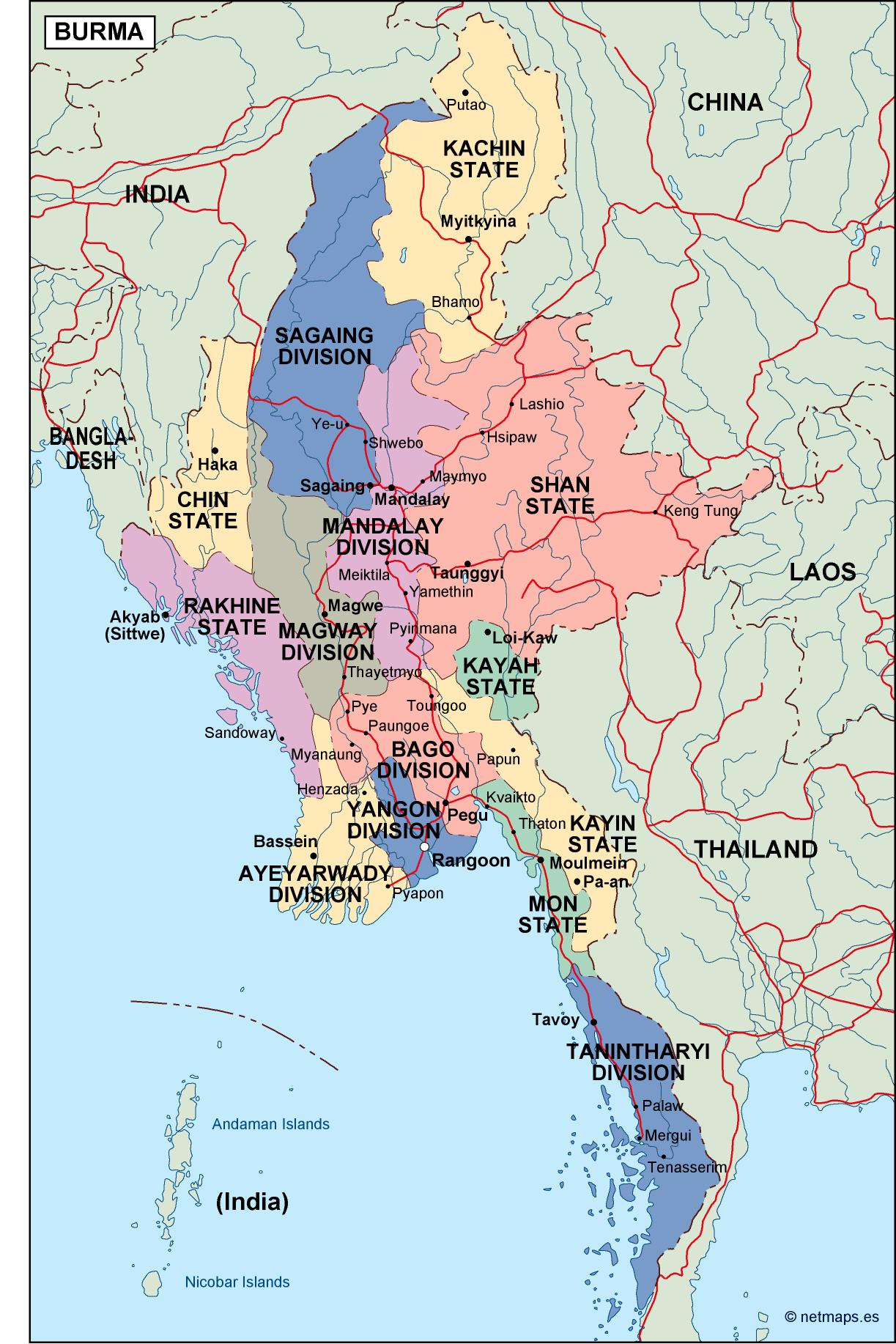 Burma Political Map Eps Illustrator Map Vector World Maps Burma Political Map 
